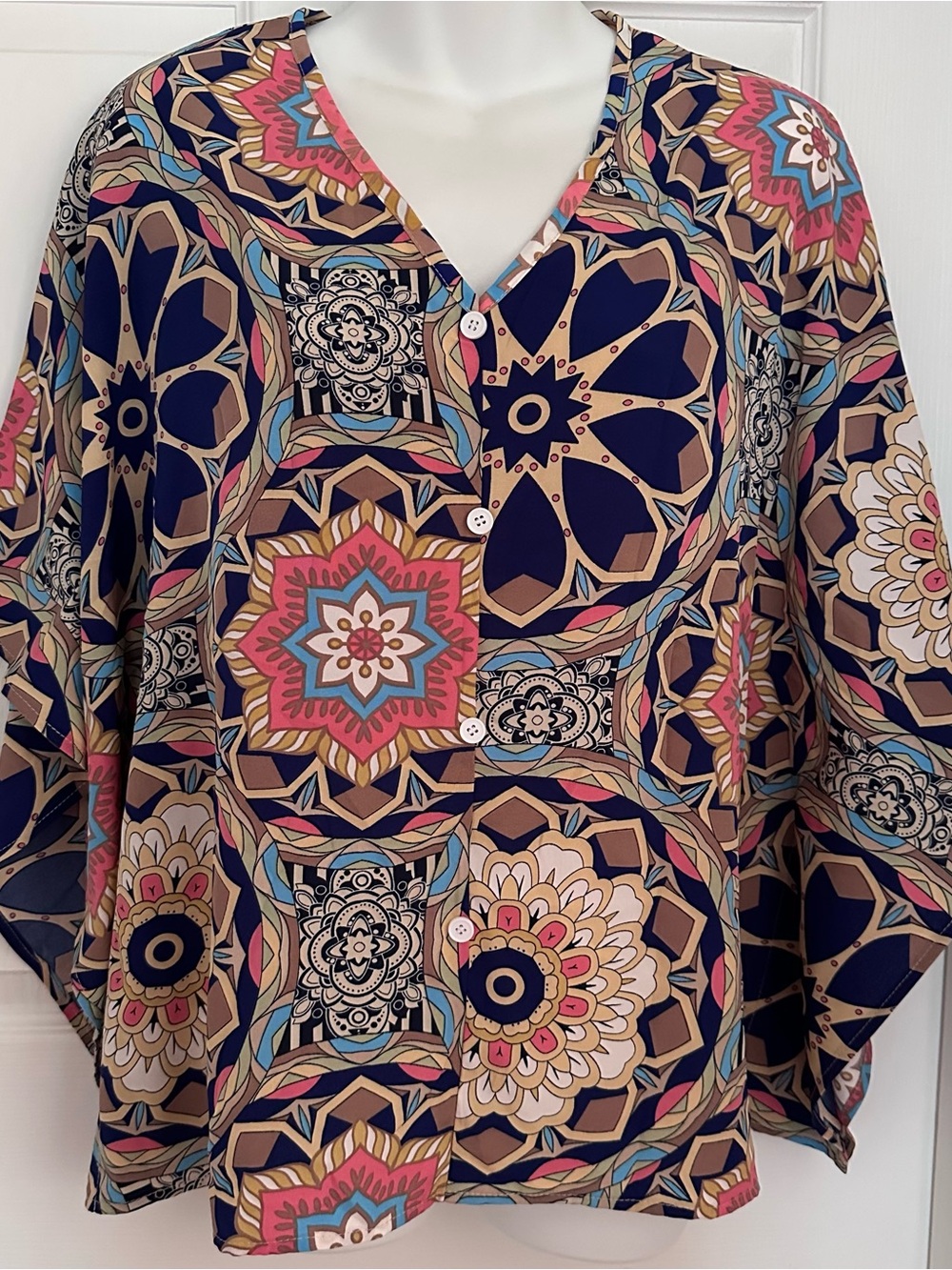 Women's Boho Mosaic Mandala Blouse Large Kimono Sleeve V Neck Flowy Top